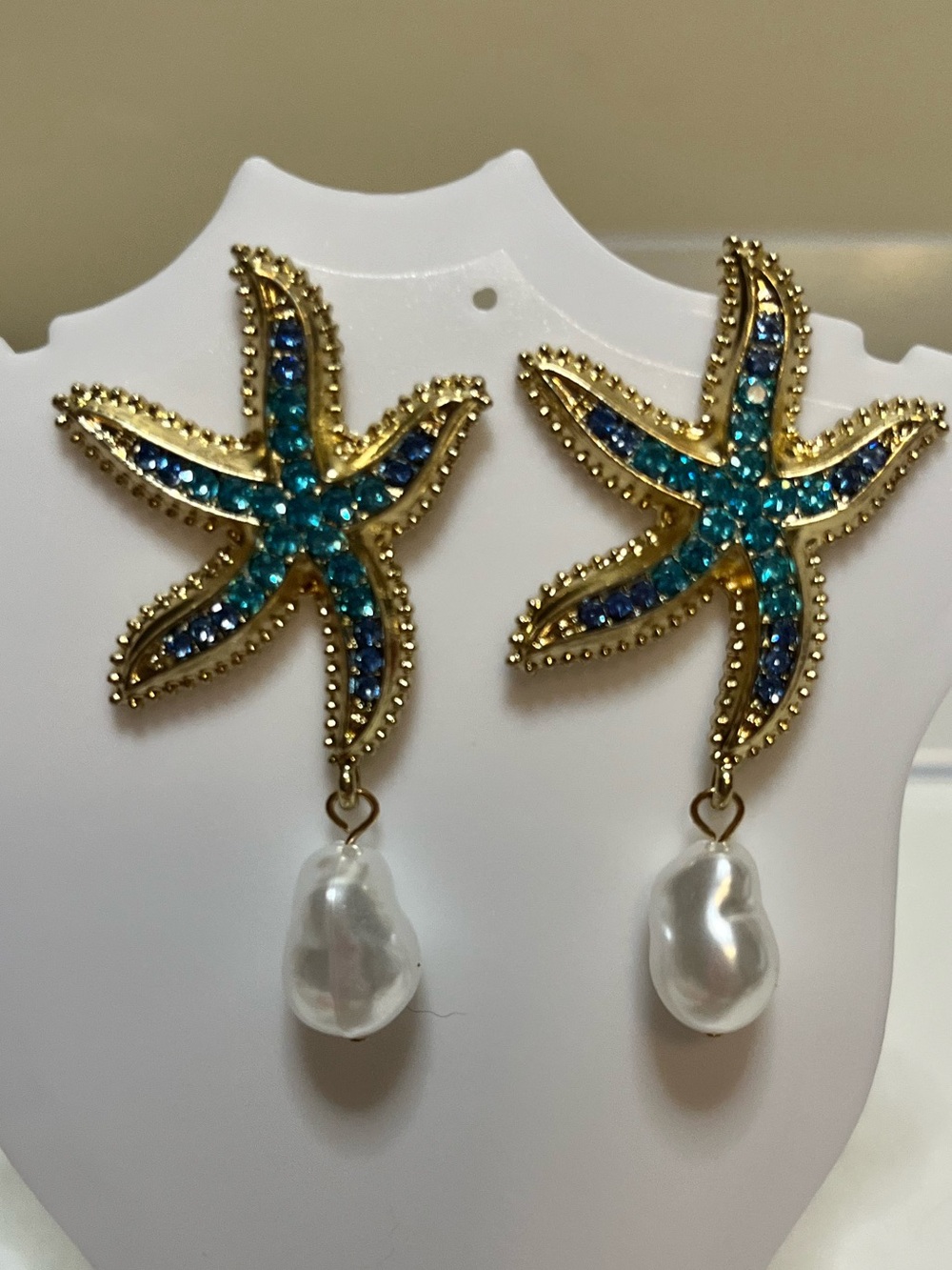 Starfish Earrings with Blue Crystals and Faux Pearl Drops Goldtone Beach Resort